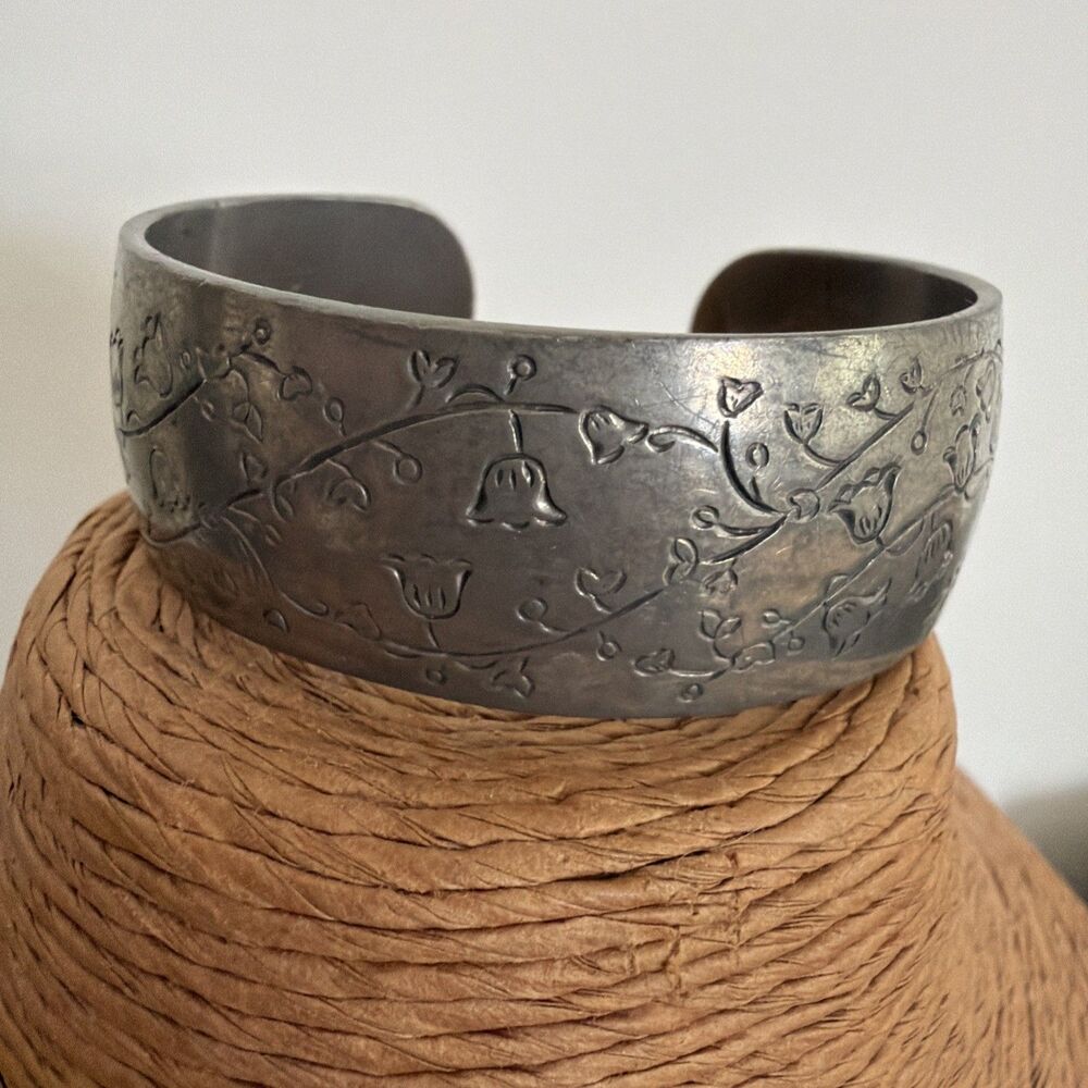 Vintage Kirk Steiff Pewter Floral Cuff Bracelet Boho Lily Of The Valley